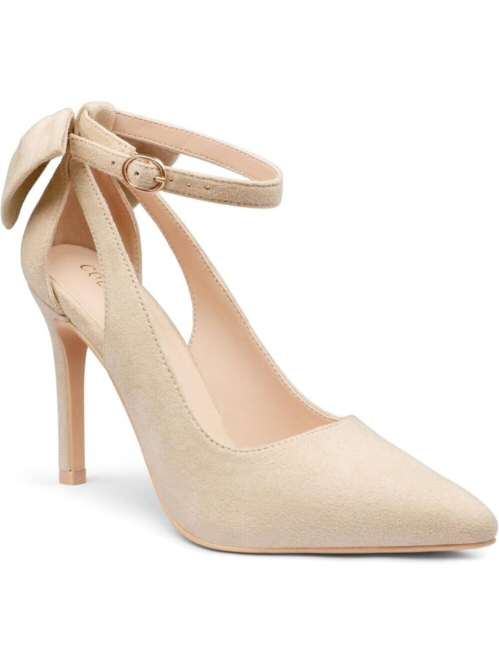 Women's Beige Faux Leather Adjustable Pumps Pointed Toe Ankle Strap Wedding Heel - Picture 6 of 7